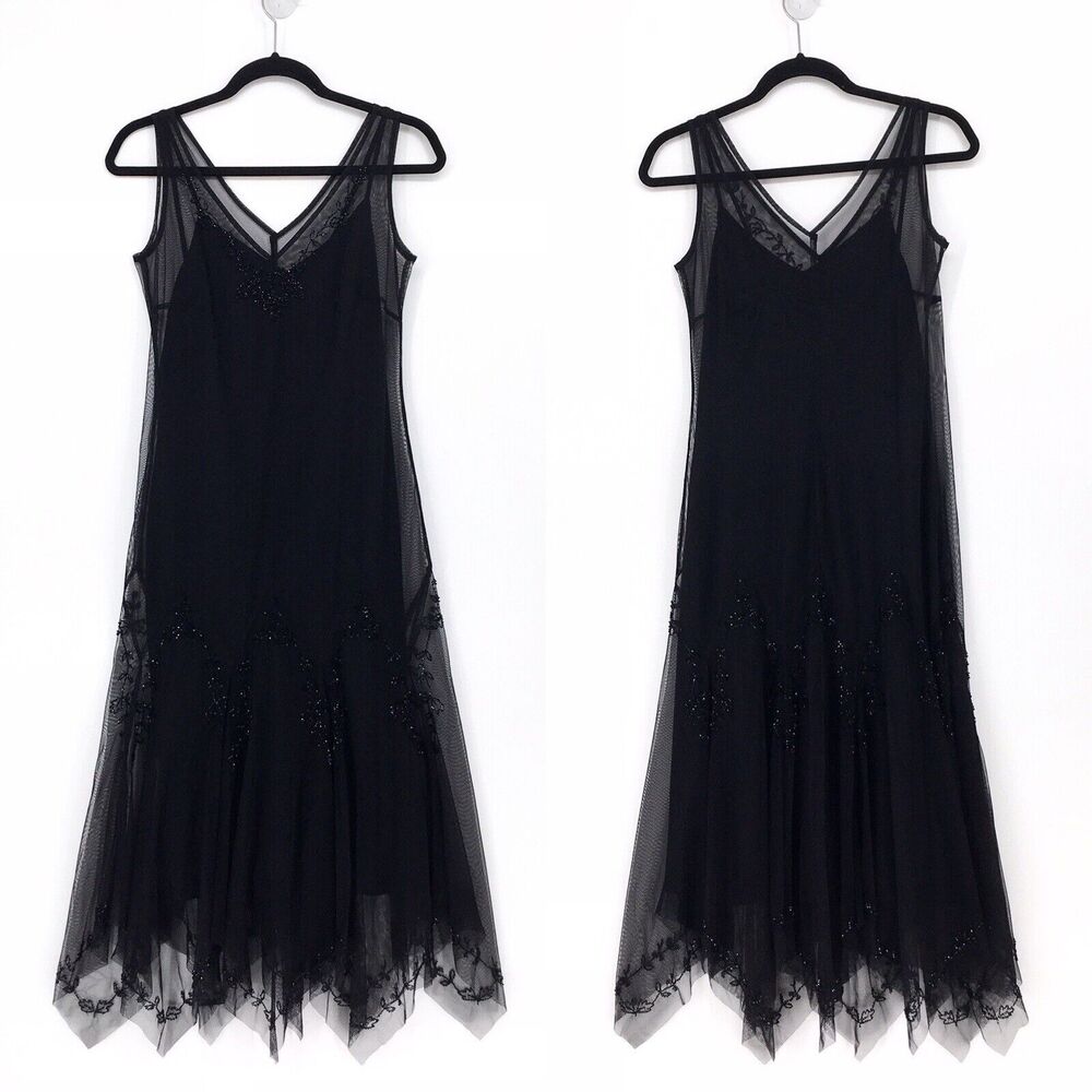 XSCAPE Women 4 Sheath Dress Black Beaded Midi Mesh Asymmetrical Sleeveless NEW